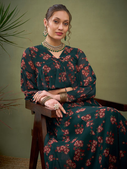 Green Floral Anarkali Skirt With Peplum Crop Top