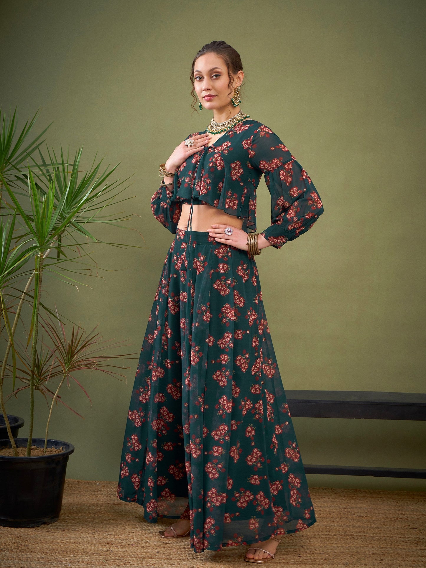Green Floral Anarkali Skirt With Peplum Crop Top