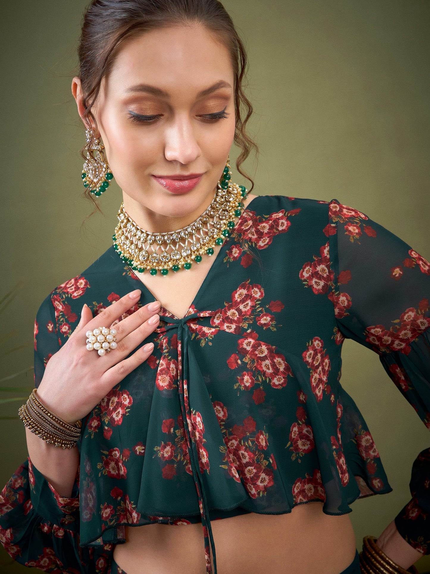 Green Floral Anarkali Skirt With Peplum Crop Top