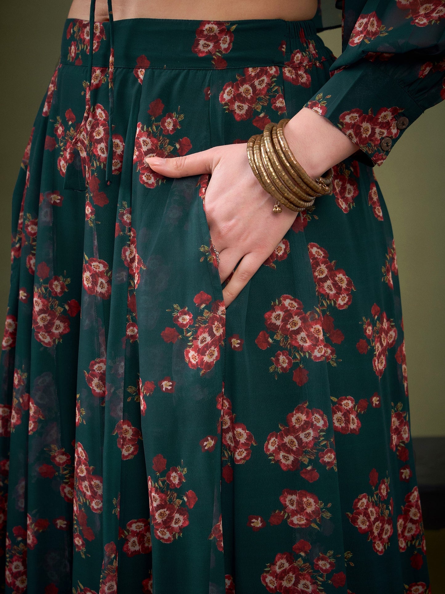 Green Floral Anarkali Skirt With Peplum Crop Top