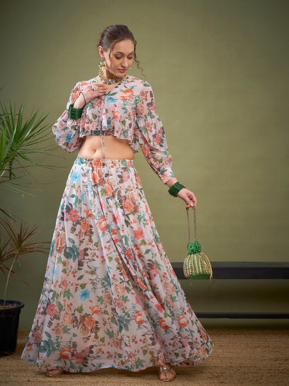 White Floral Anarkali Skirt With Peplum Crop Top