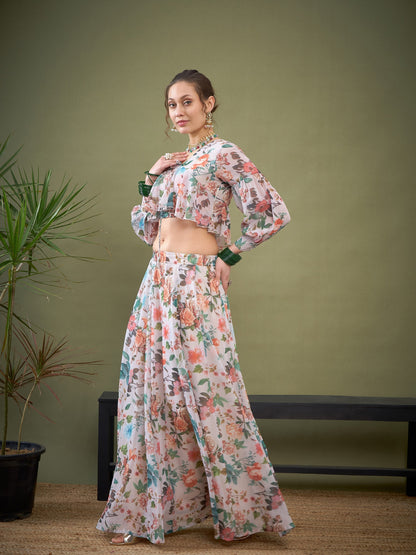 White Floral Anarkali Skirt With Peplum Crop Top