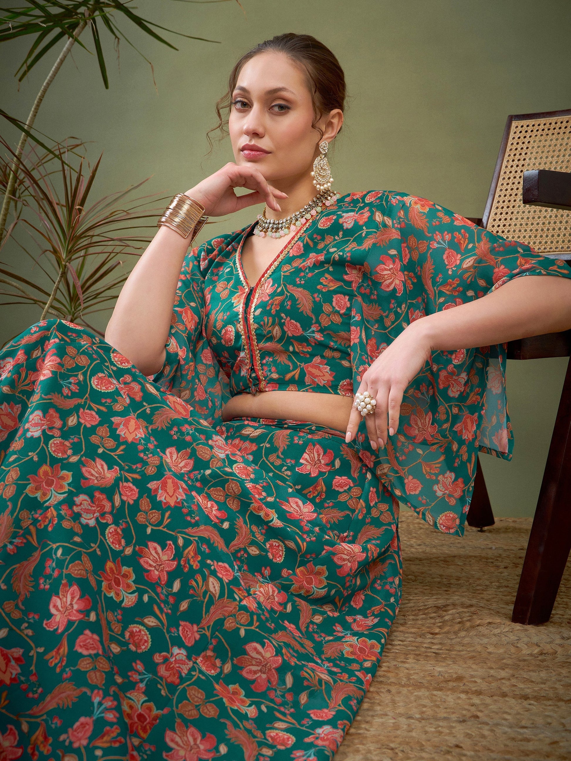 Teal Green Floral Anarkali Skirt With Crop Blouse-Shae by SASSAFRAS