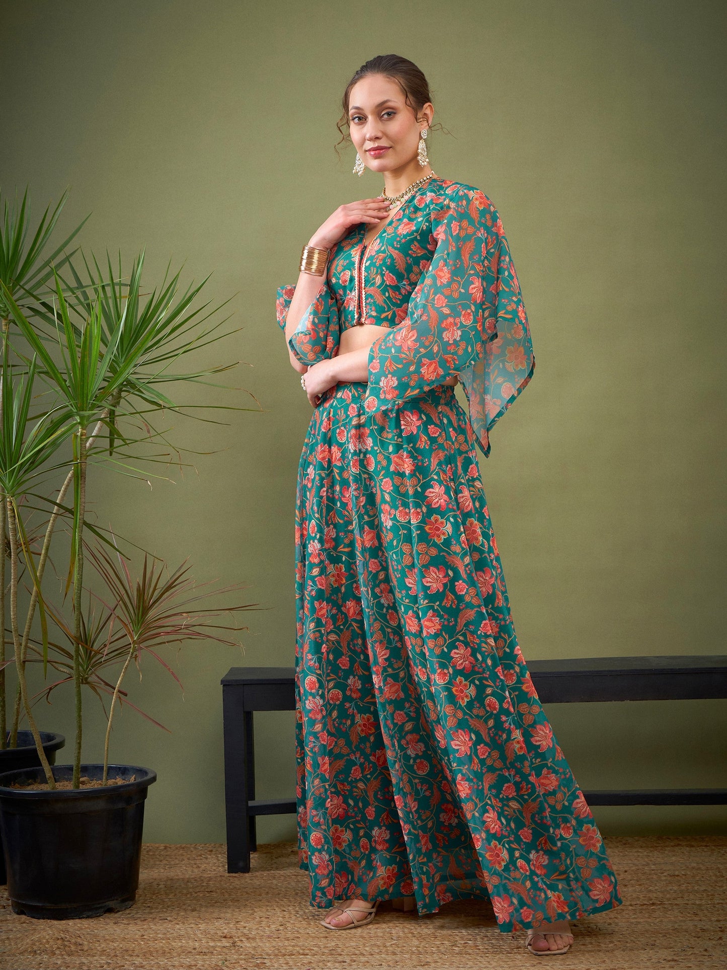 Teal Green Floral Anarkali Skirt With Crop Blouse-Shae by SASSAFRAS