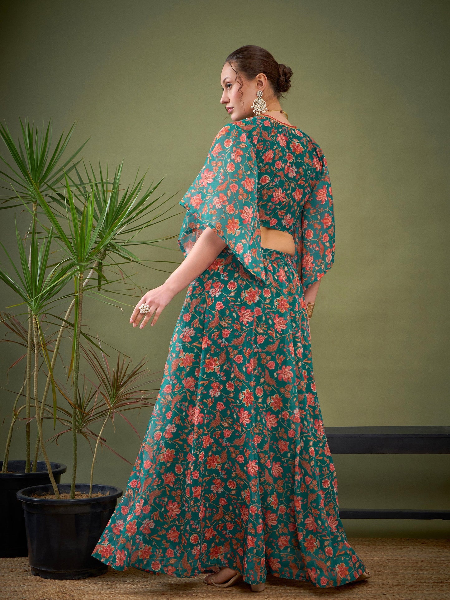 Teal Green Floral Anarkali Skirt With Crop Blouse-Shae by SASSAFRAS