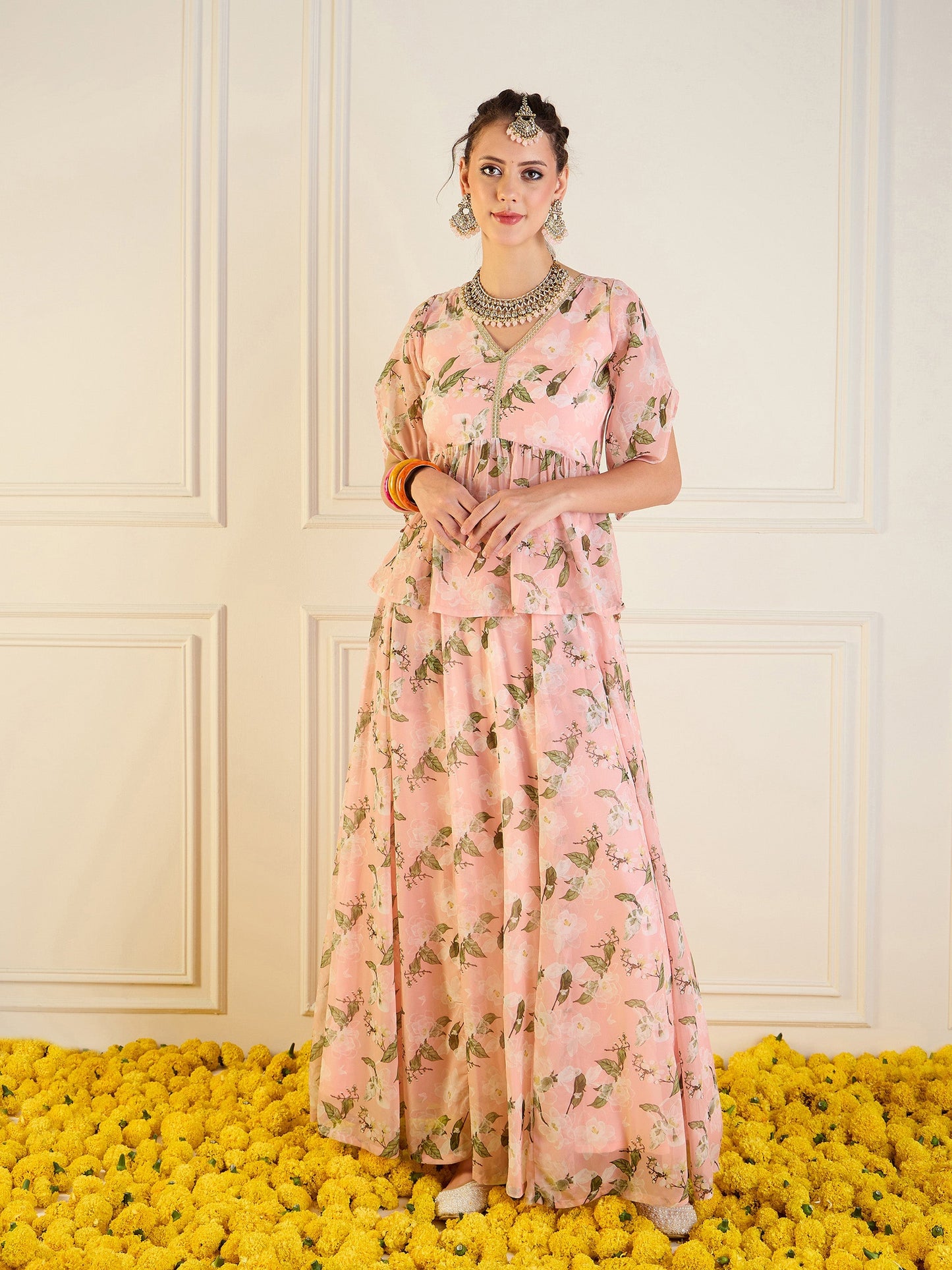 Peach Floral Anarkali Skirt With Peplum Top