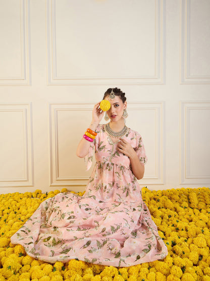 Peach Floral Anarkali Skirt With Peplum Top