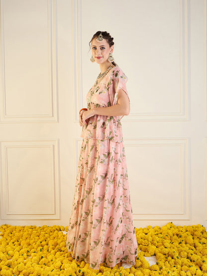 Peach Floral Anarkali Skirt With Peplum Top