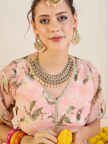 Peach Floral Anarkali Skirt With Peplum Top