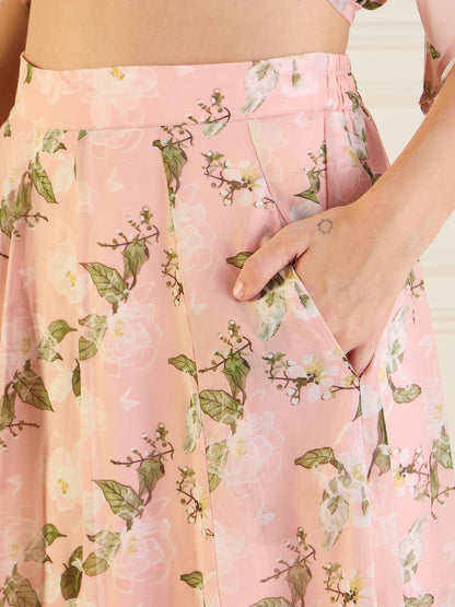Peach Floral Anarkali Skirt With Peplum Top