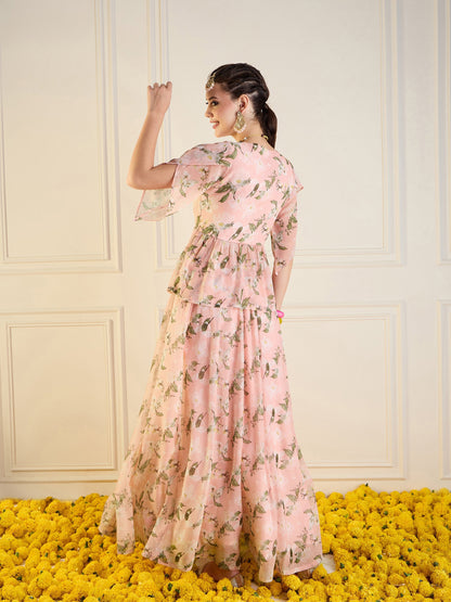 Peach Floral Anarkali Skirt With Peplum Top