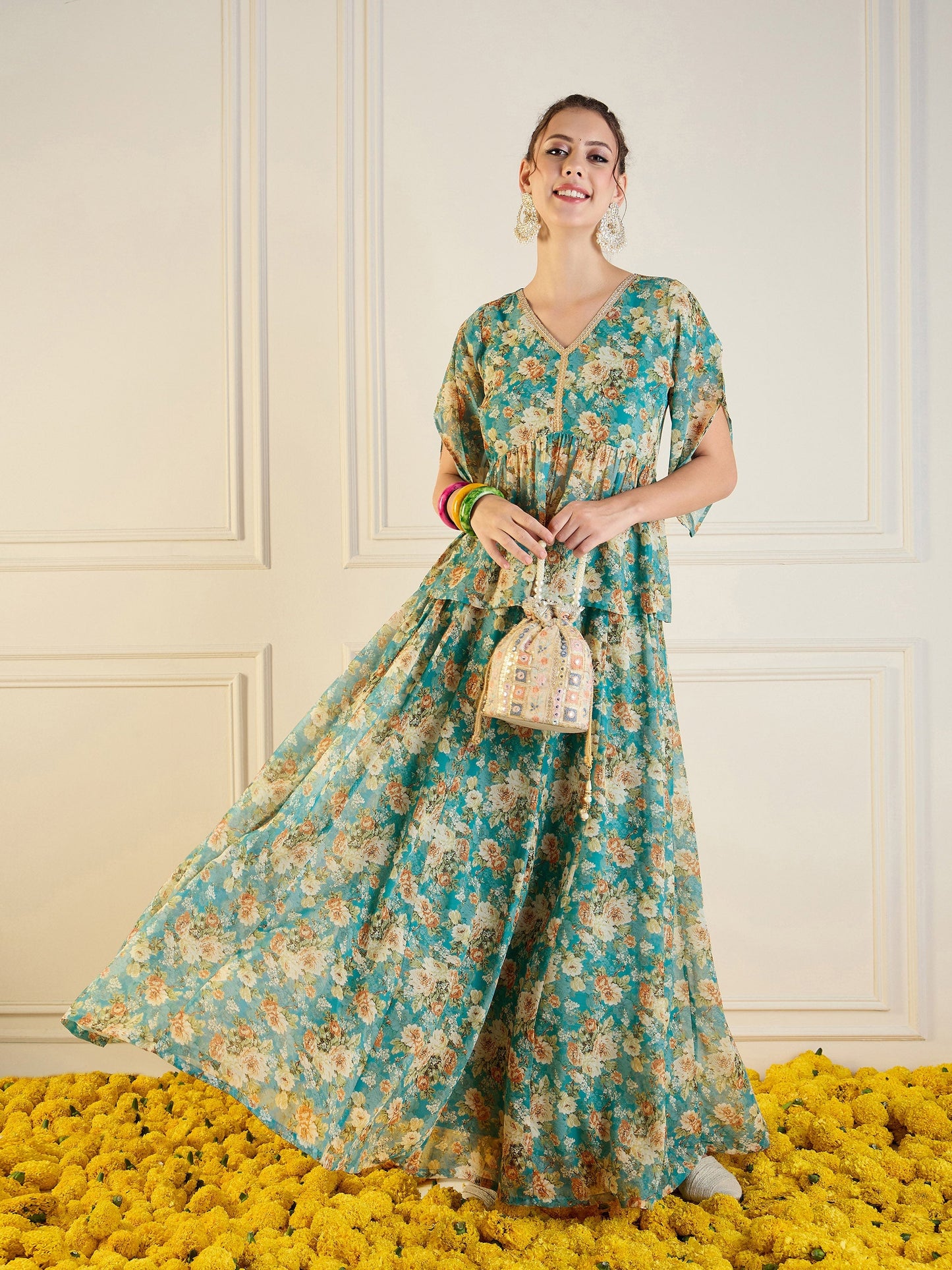 Turquoise Blue Floral Anarkali Skirt With Peplum Top