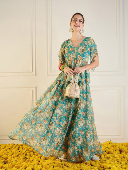 Turquoise Blue Floral Anarkali Skirt With Peplum Top