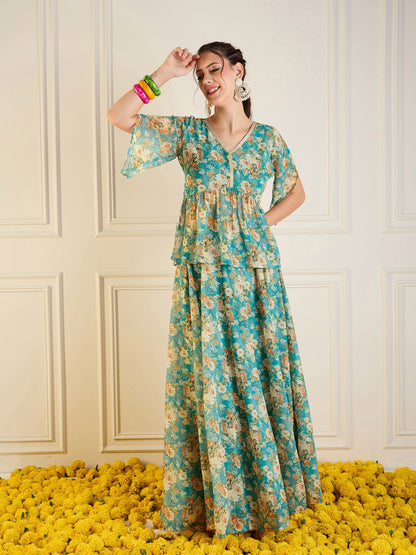 Turquoise Blue Floral Anarkali Skirt With Peplum Top
