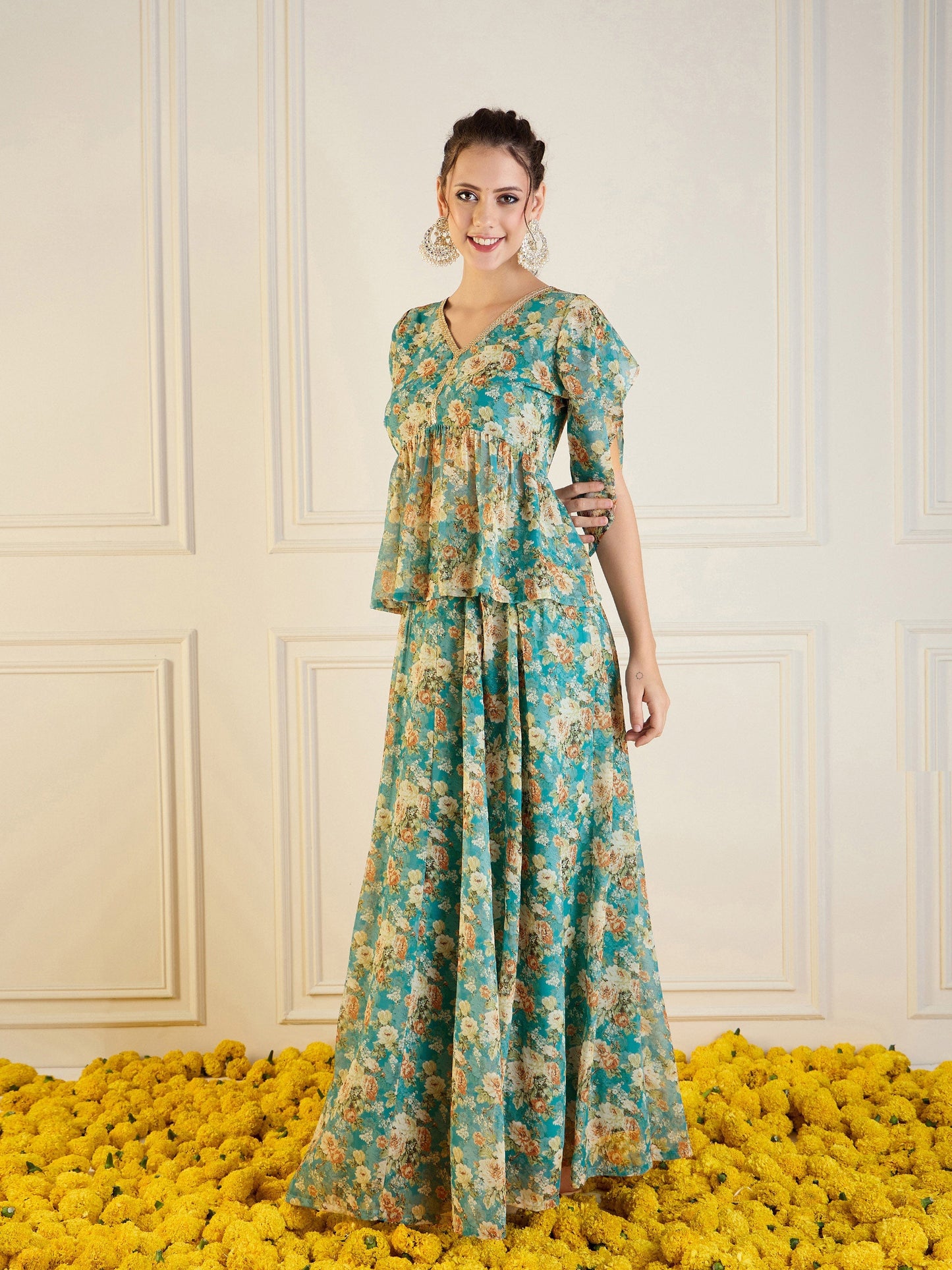 Turquoise Blue Floral Anarkali Skirt With Peplum Top