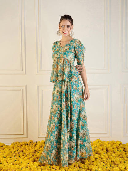 Turquoise Blue Floral Anarkali Skirt With Peplum Top
