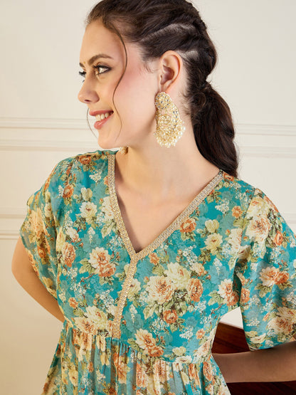 Turquoise Blue Floral Anarkali Skirt With Peplum Top