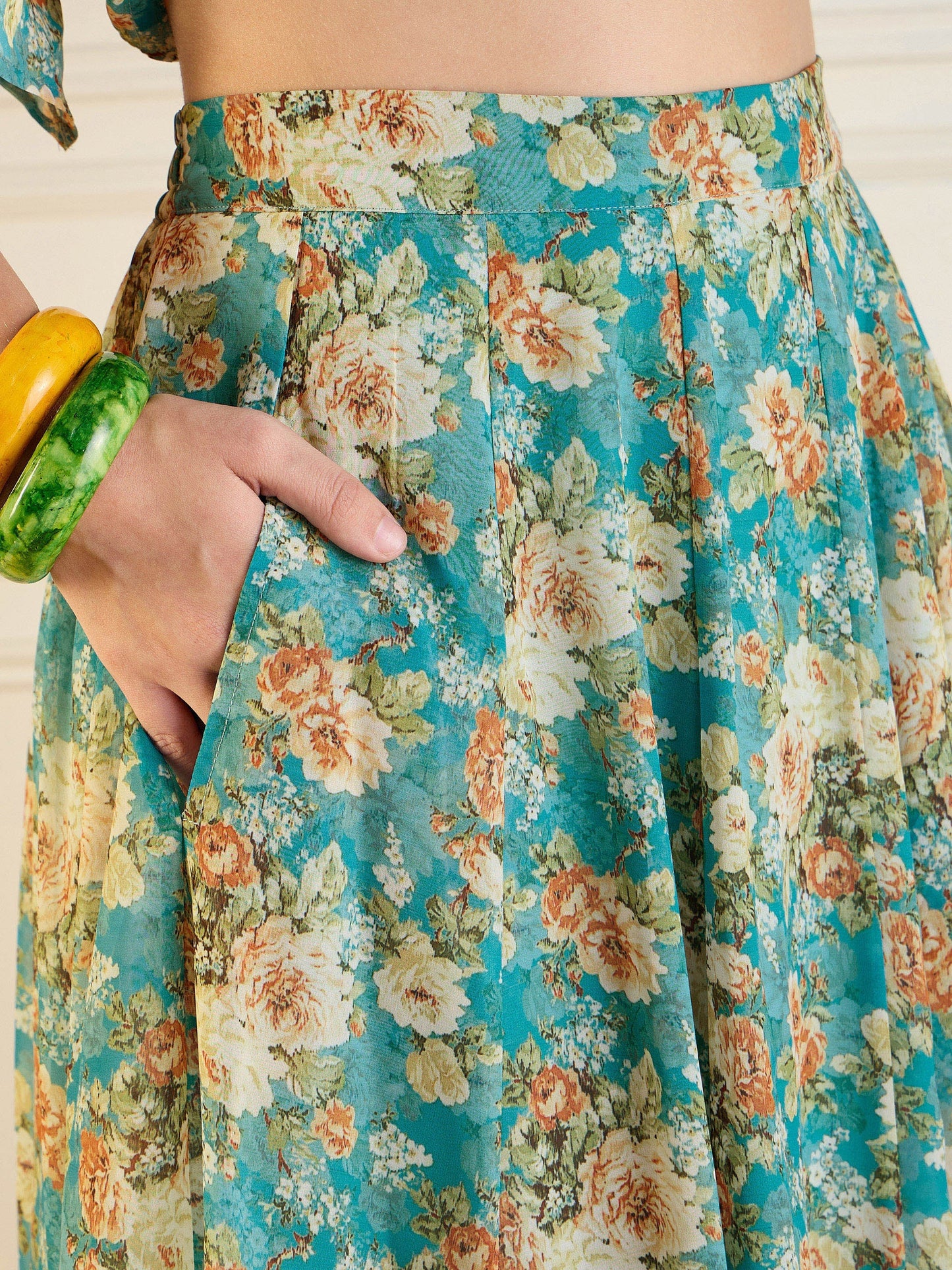 Turquoise Blue Floral Anarkali Skirt With Peplum Top