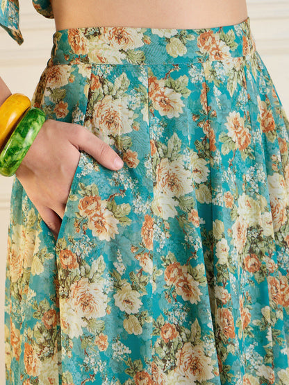 Turquoise Blue Floral Anarkali Skirt With Peplum Top