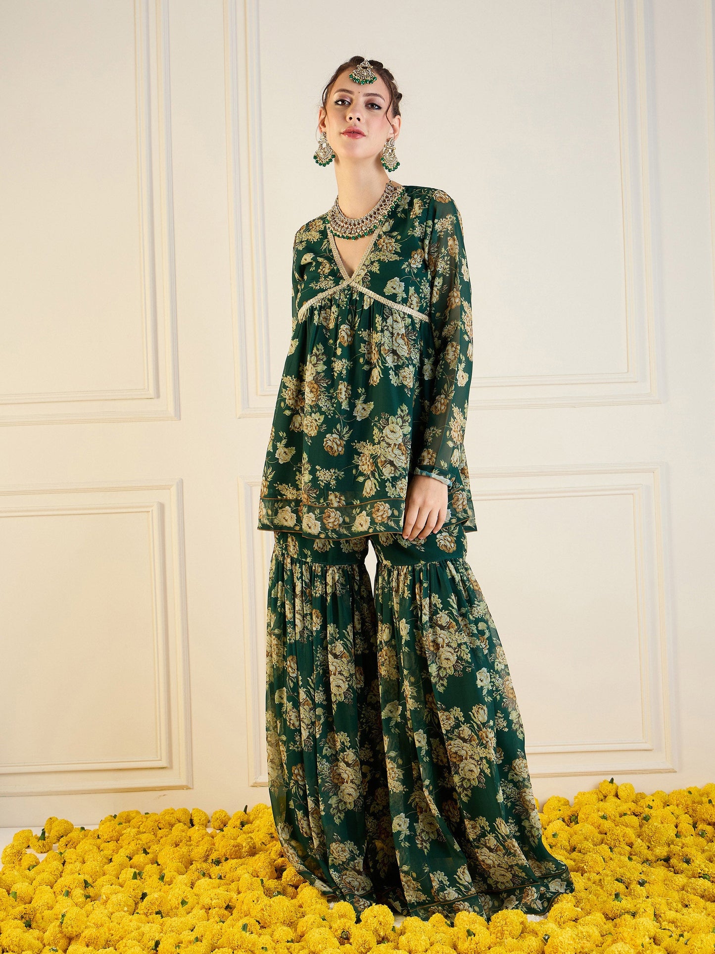 Emerald Green Floral Peplum Top With Sharara Pants