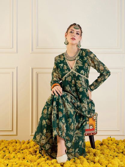 Emerald Green Floral Peplum Top With Sharara Pants