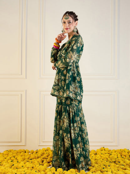 Emerald Green Floral Peplum Top With Sharara Pants