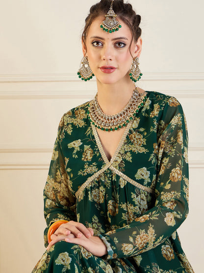 Emerald Green Floral Peplum Top With Sharara Pants