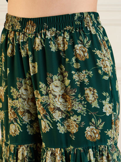 Emerald Green Floral Peplum Top With Sharara Pants