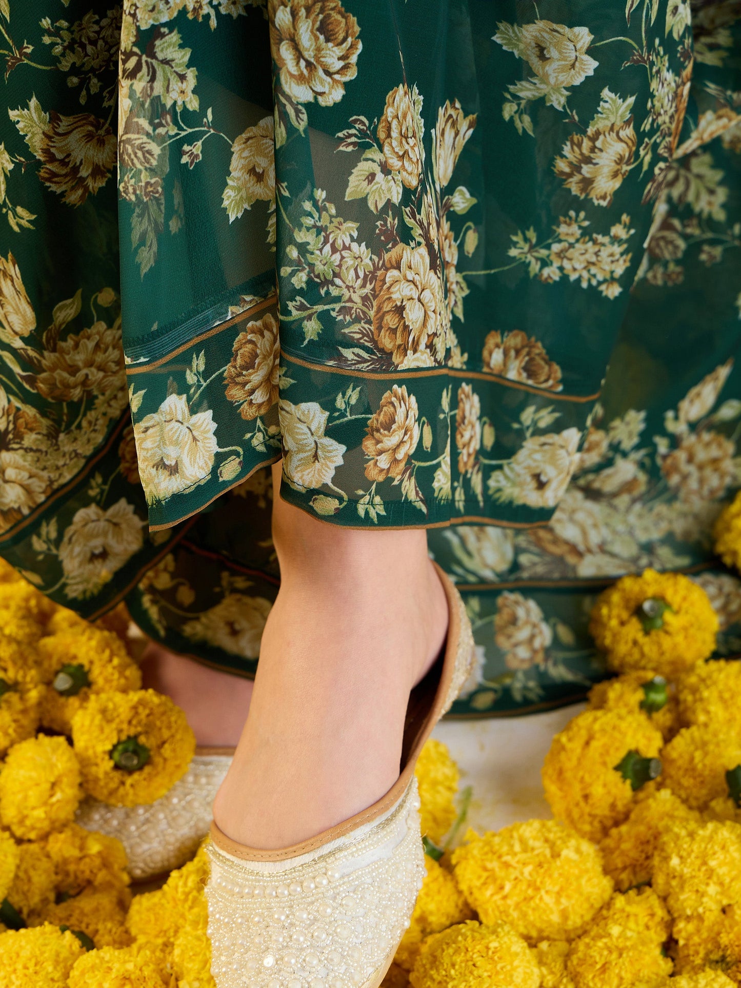 Emerald Green Floral Peplum Top With Sharara Pants