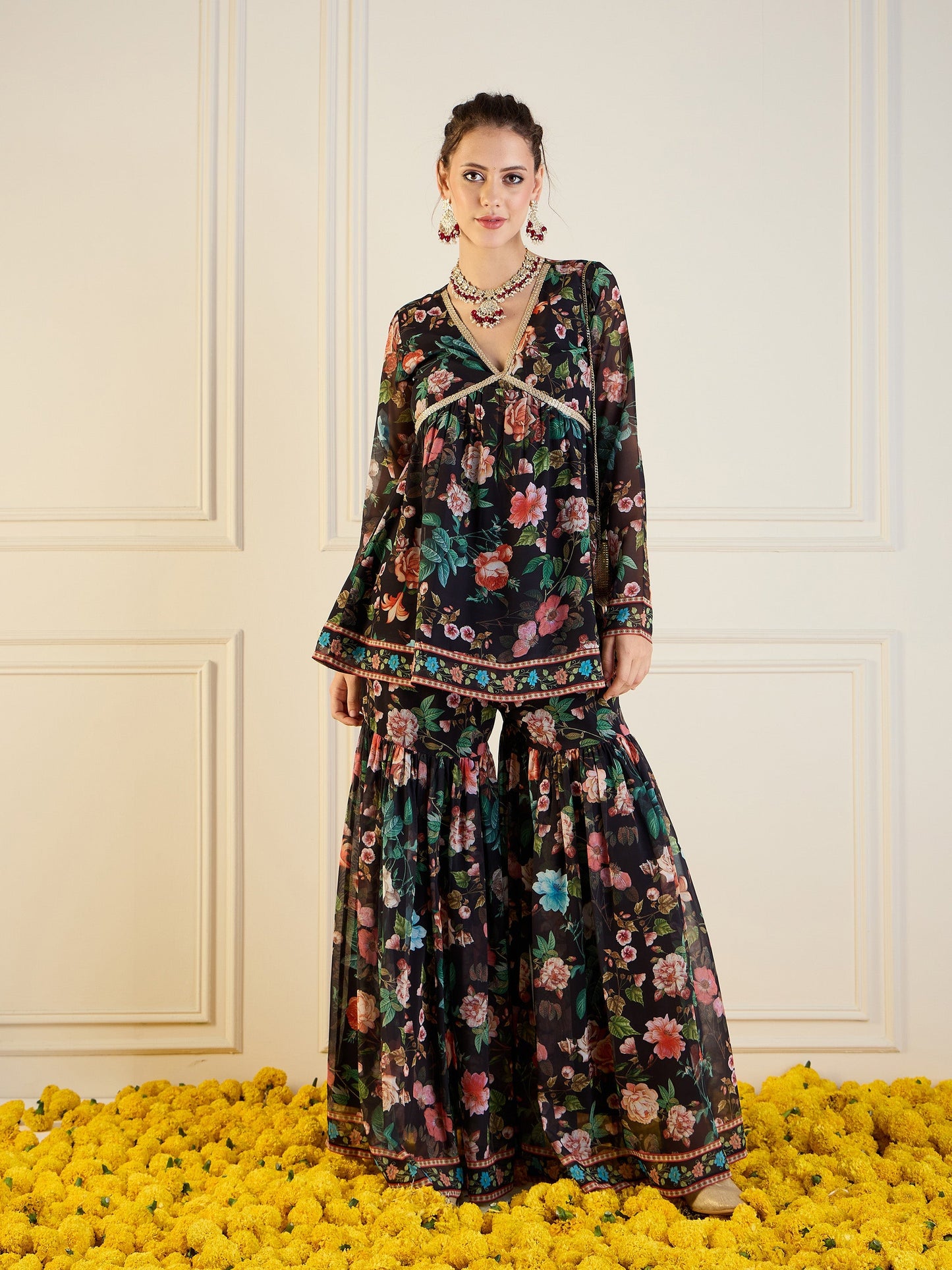 Black Floral Peplum Top With Sharara Pants