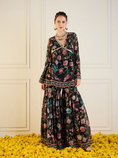 Black Floral Peplum Top With Sharara Pants