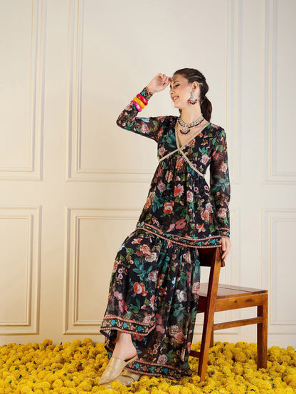 Black Floral Peplum Top With Sharara Pants