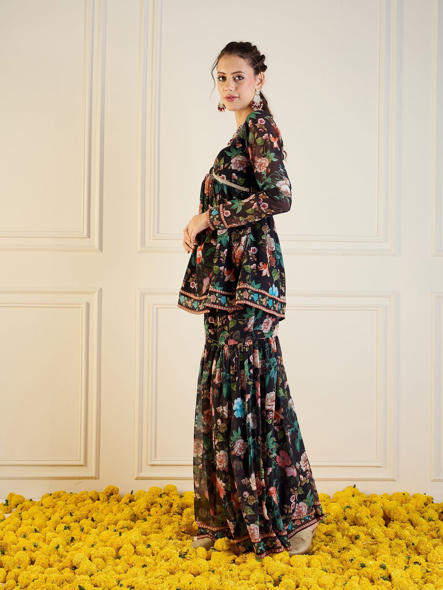 Black Floral Peplum Top With Sharara Pants