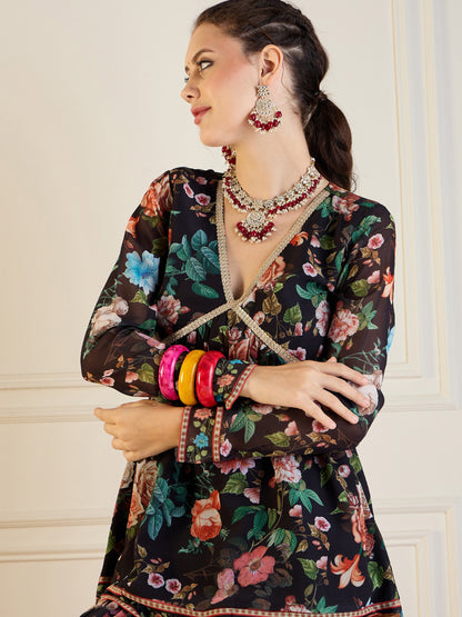 Black Floral Peplum Top With Sharara Pants