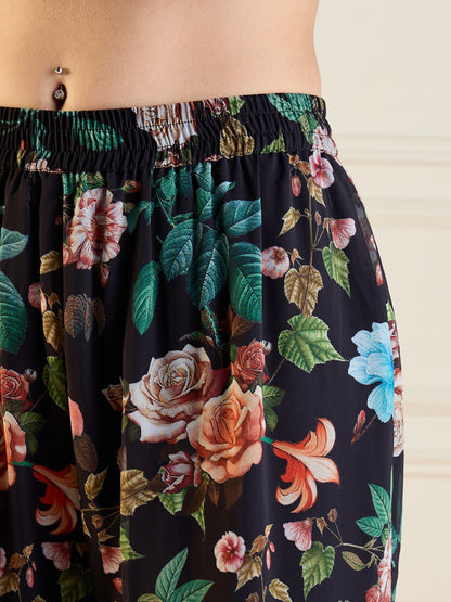 Black Floral Peplum Top With Sharara Pants