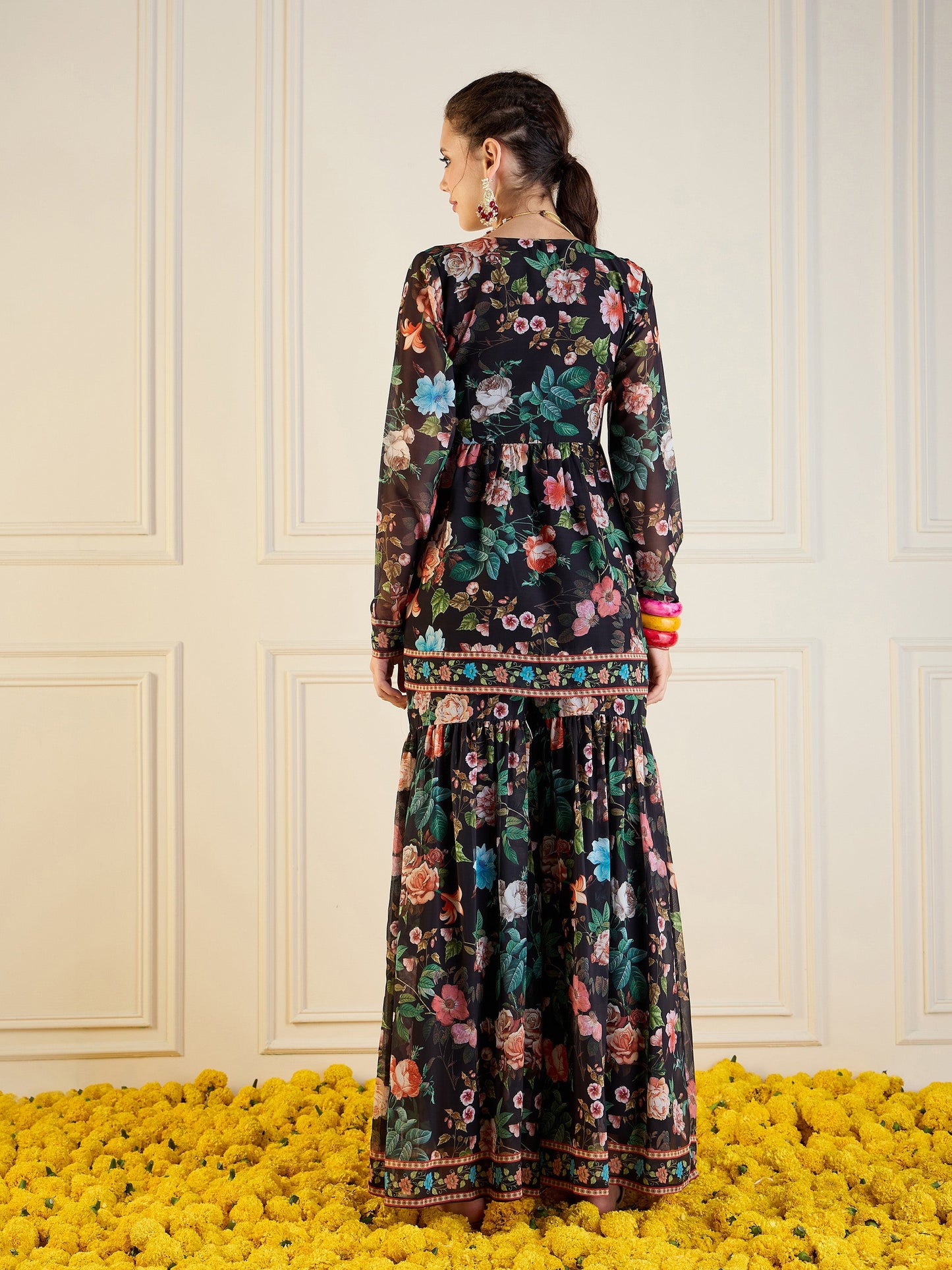 Black Floral Peplum Top With Sharara Pants