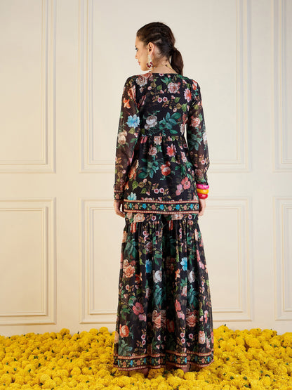 Black Floral Peplum Top With Sharara Pants