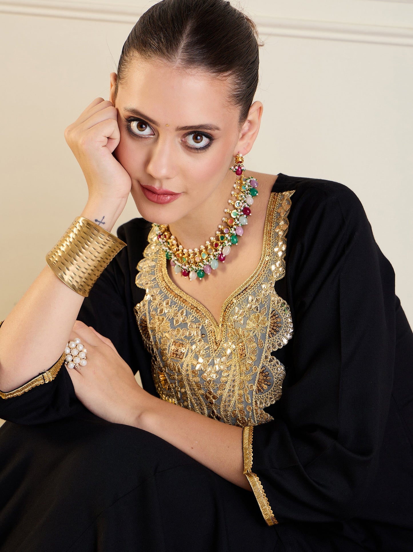 Black Rayon Embroidered Short Kurta With Dhoti Skirt-Shae by SASSAFRAS