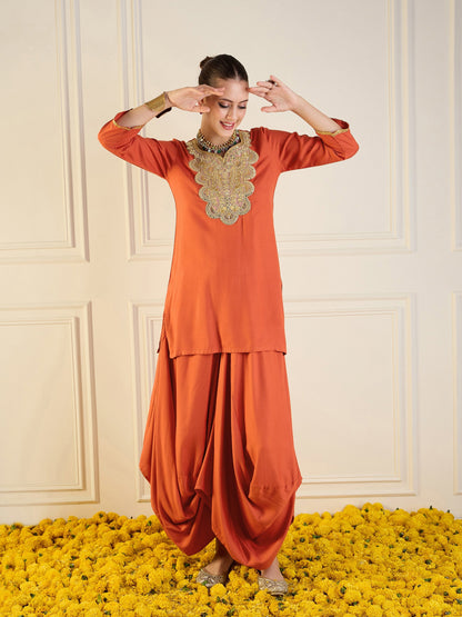 Rust Rayon Embroidered Short Kurta With Dhoti Skirt-Shae by SASSAFRAS