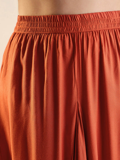 Rust Rayon Embroidered Short Kurta With Dhoti Skirt-Shae by SASSAFRAS