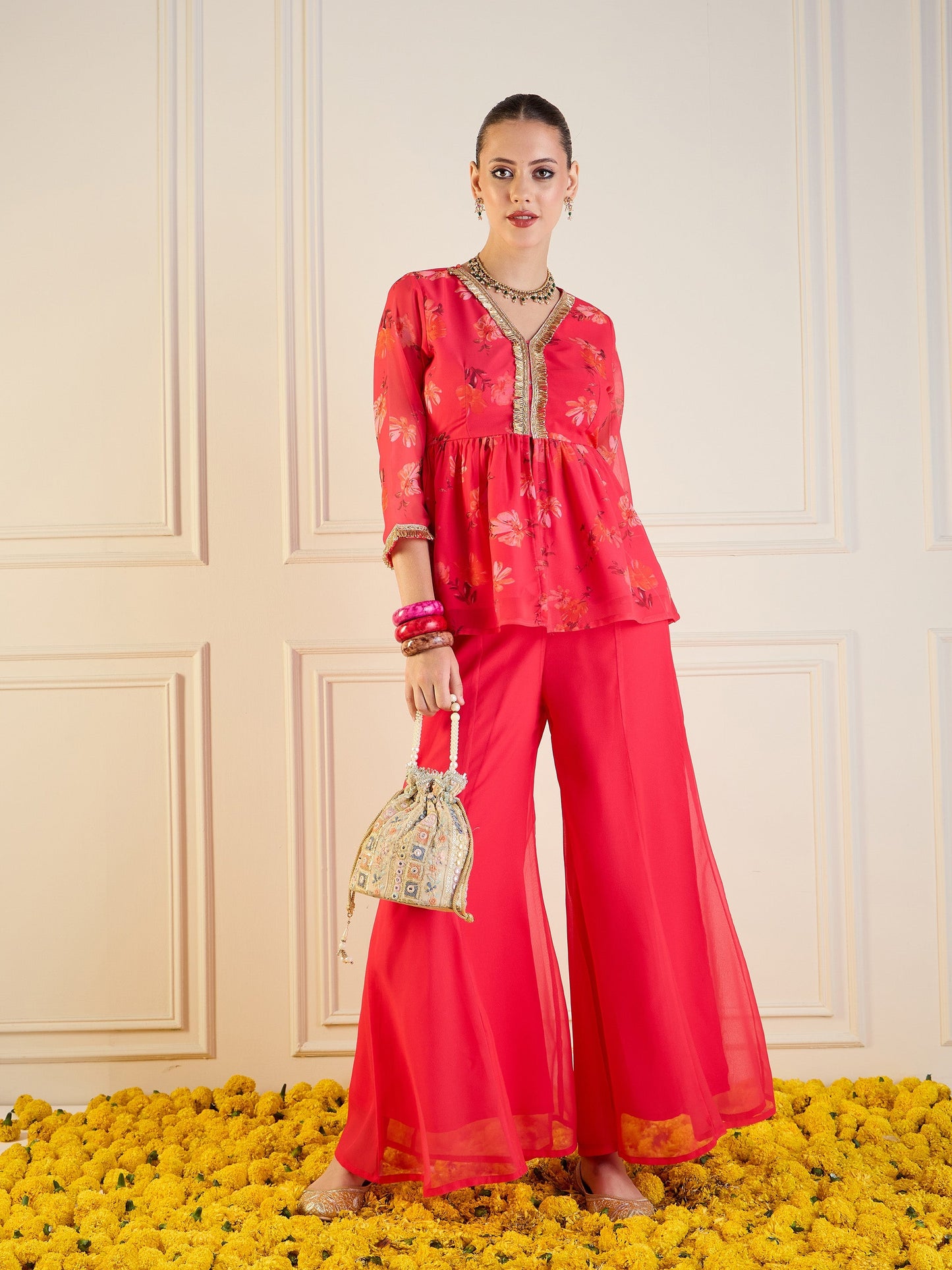 Fuchsia Floral Peplum Top With Flared Pants
