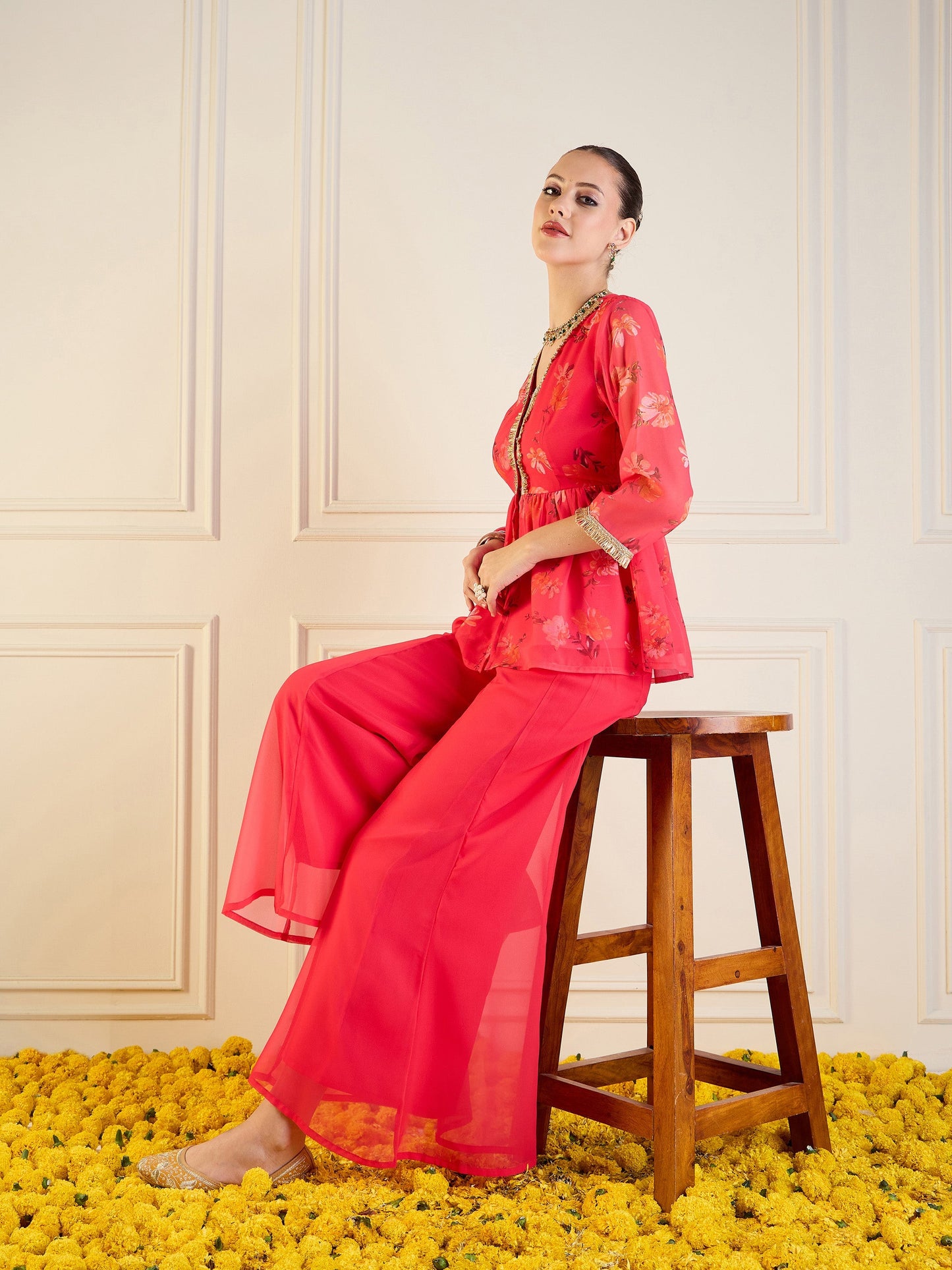 Fuchsia Floral Peplum Top With Flared Pants
