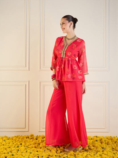 Fuchsia Floral Peplum Top With Flared Pants