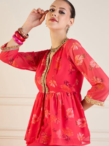 Fuchsia Floral Peplum Top With Flared Pants