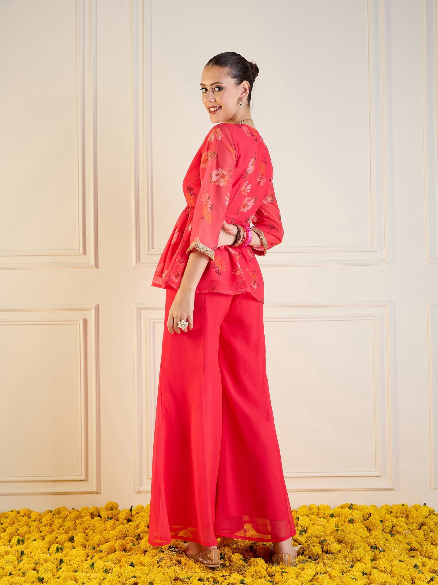 Fuchsia Floral Peplum Top With Flared Pants