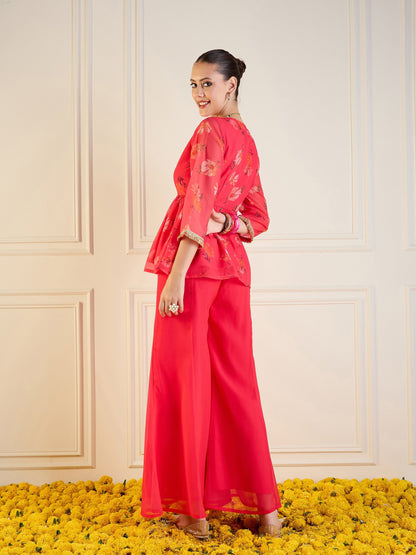 Fuchsia Floral Peplum Top With Flared Pants