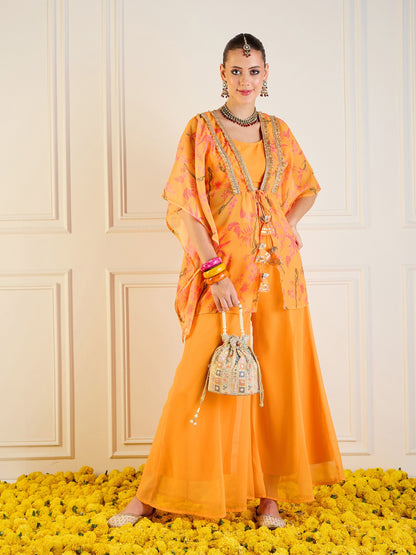 Mustard Printed Cape With Flared Pants & Crop Top