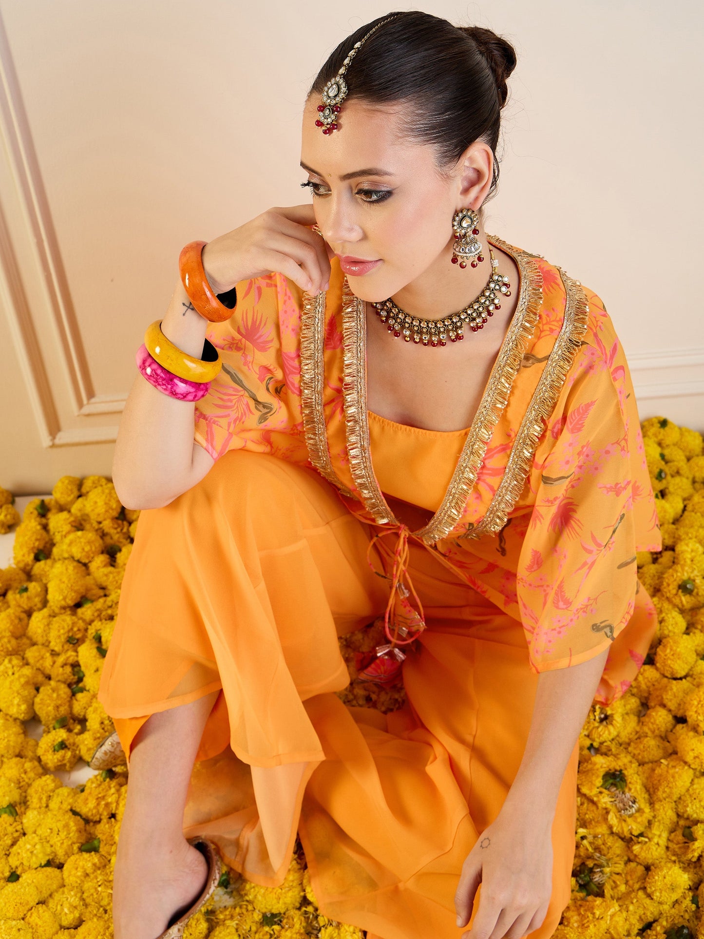 Mustard Printed Cape With Flared Pants & Crop Top
