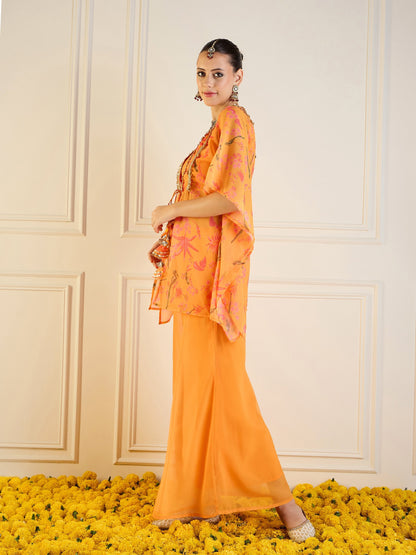 Mustard Printed Cape With Flared Pants & Crop Top