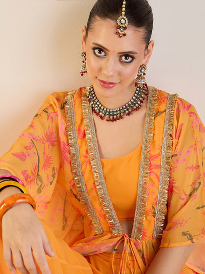 Mustard Printed Cape With Flared Pants & Crop Top